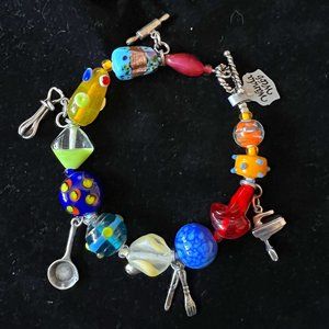 Wanda Webb Art Glass Beaded 925 Sterling Baker Chef Kitchen Charm Bracelet